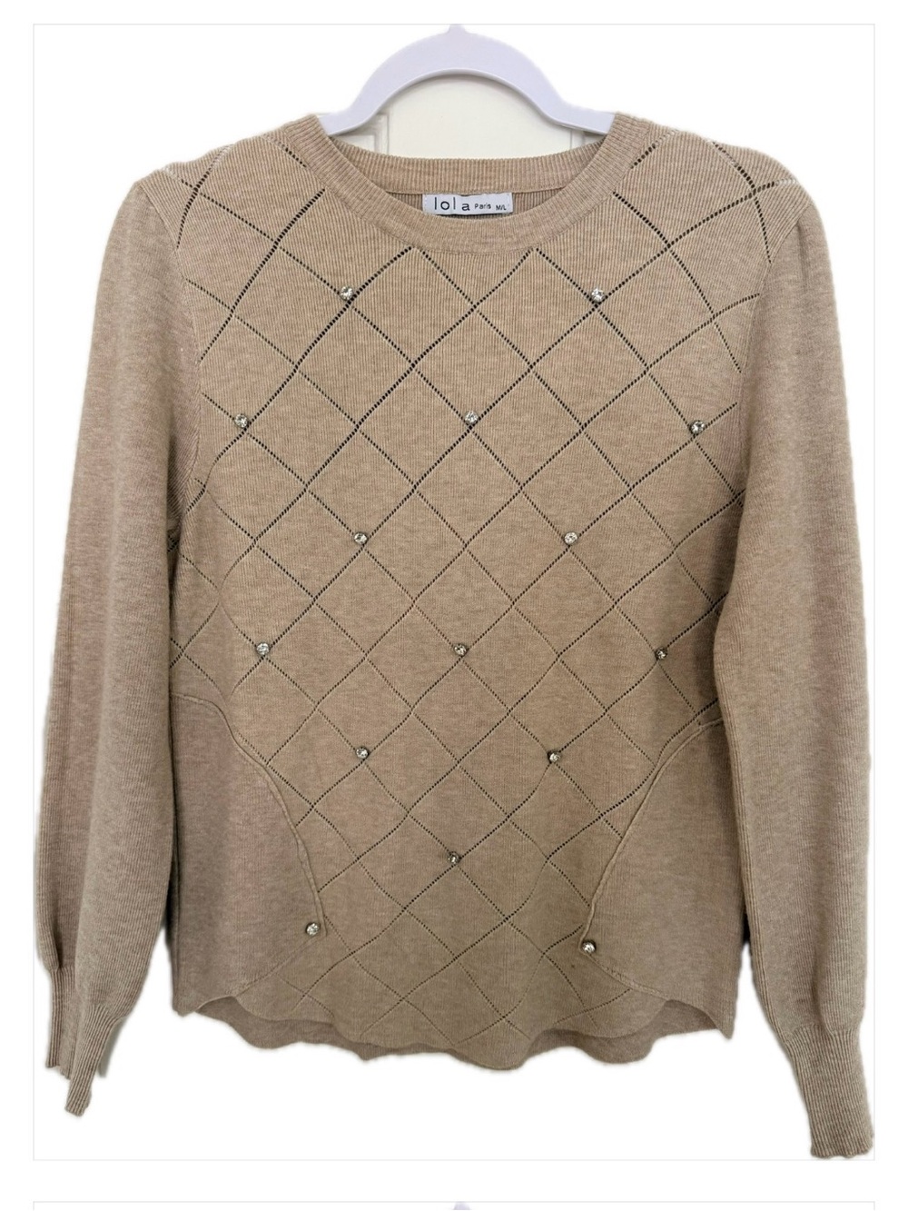 Lola Paris Tan Diamond Argyle Knit Pullover Sweater - Sz M/L